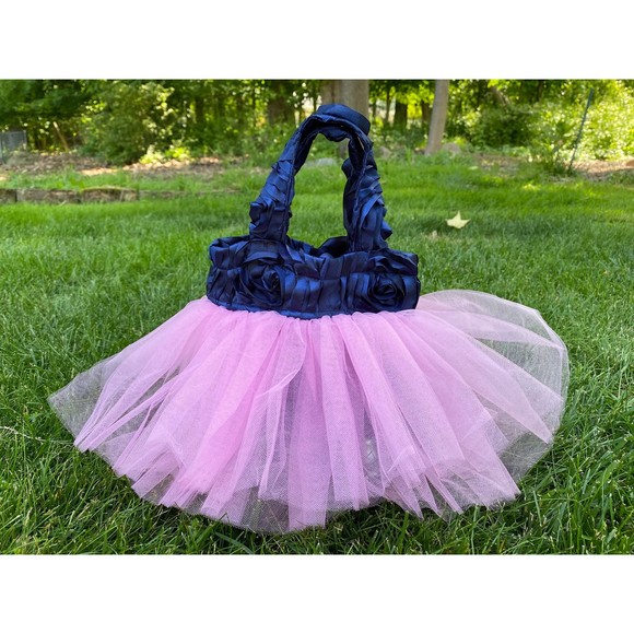 Flower Girl Bag, Graduation Party Tote, Ballet Tutu Tote, Navy Blue Pink Tote - Picture 1 of 3